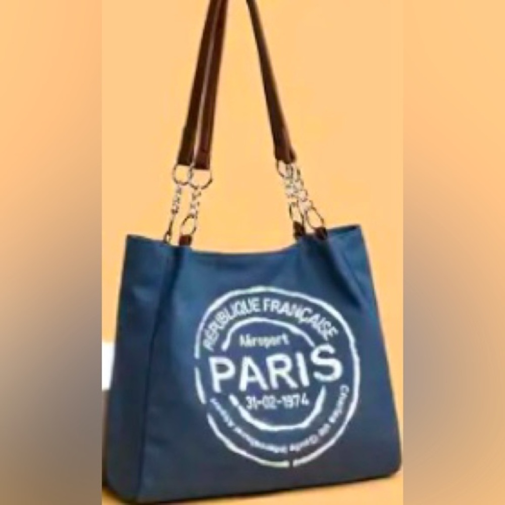 Blue Paris Tote Bag with Brown Handles